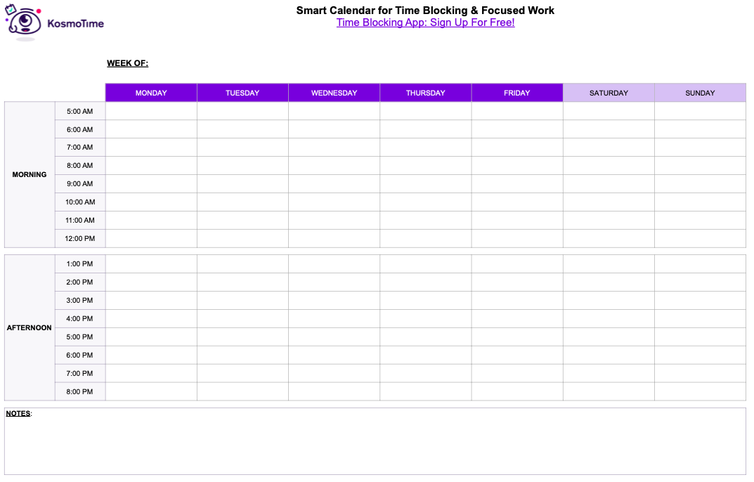 Time Blocking Template: Download Your Free Printable Planner KosmoTime